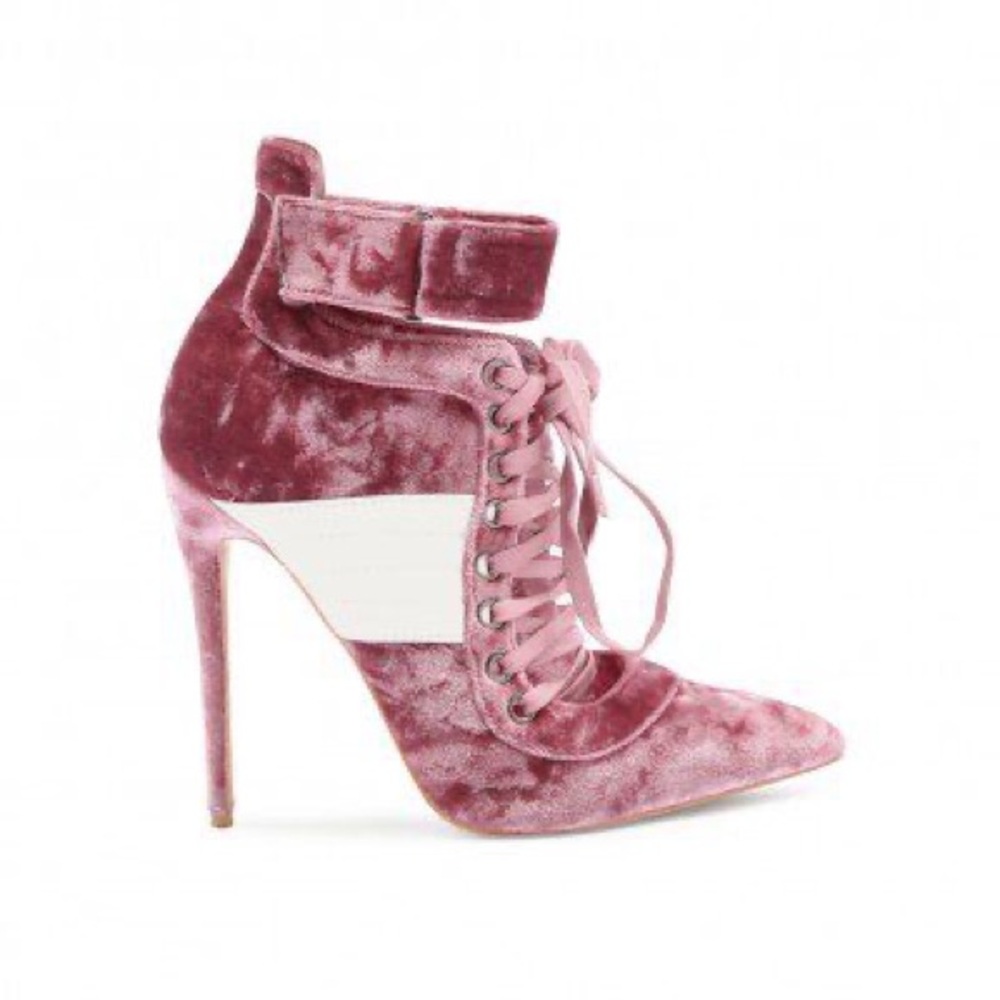 New Public Desire Velvet Lace-Up Ankle Boots - Pink and White